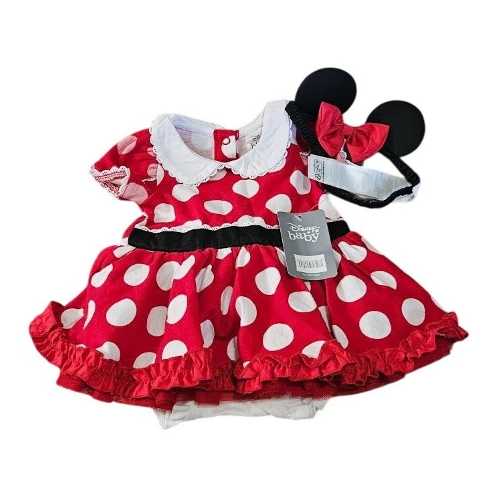 Disney Baby Minnie Mouse Polka Dot Dress Bodysuit & Ear Headband Set 6-9M NEW